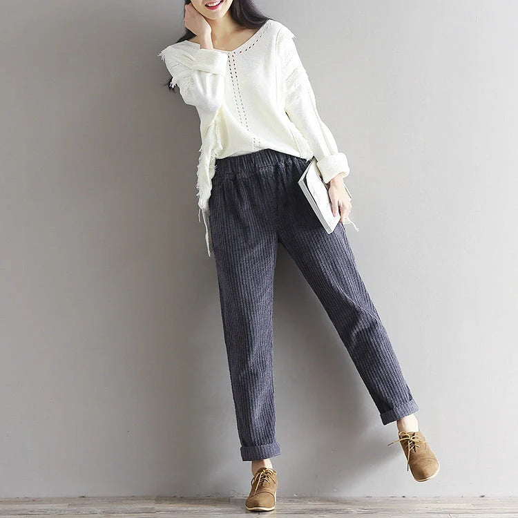 Women's large size thin corduroy trousers with adjustable waist in apricot, coffee, and grey