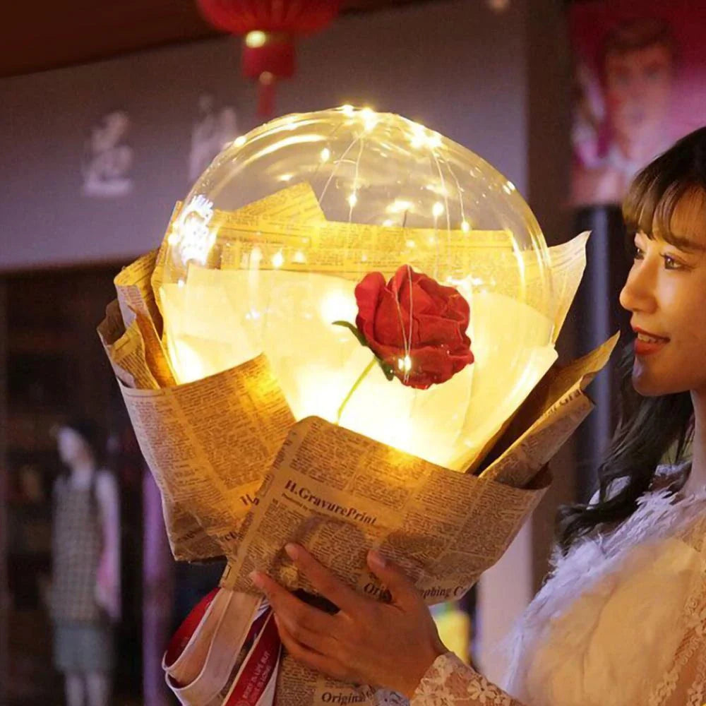 A luminous bouquet of glowing rose-shaped balloons, creating a magical and enchanting display.
