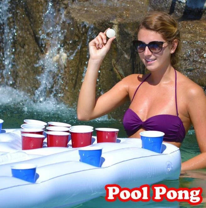 Inflatable beer pong table with built-in cooler floating in pool
