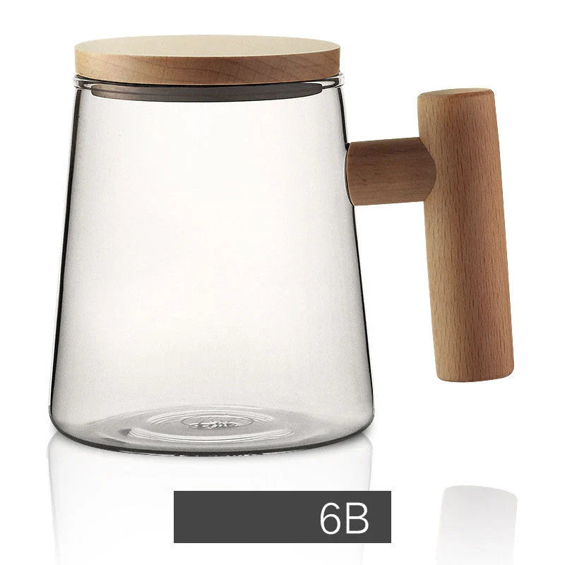 Premium borosilicate tea infuser cup with natural walnut handle, available in various sophisticated colour options