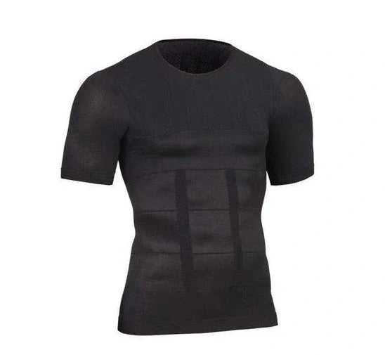 Men's compression t-shirt for fitness with belly support in navy blue, black, and white
