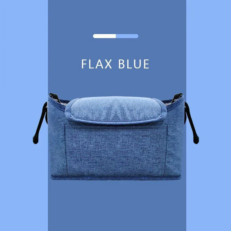 Stylish baby pram organiser bag made of premium cotton and linen materials, featuring various compartments and colour options to keep your child's essentials organised.