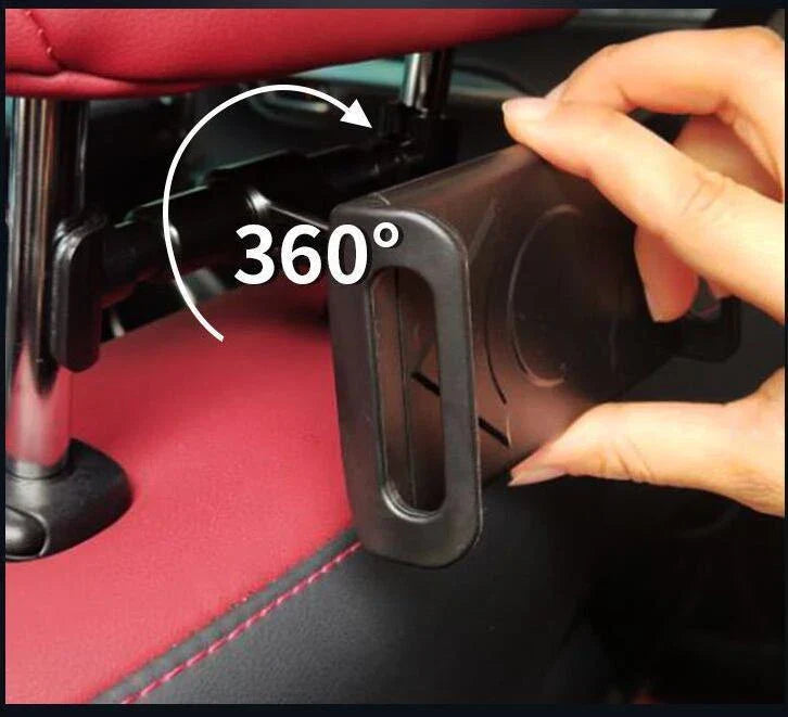 Adjustable car headrest mount for holding smartphones and tablets, with 360-degree swivel and telescopic arm for optimal viewing