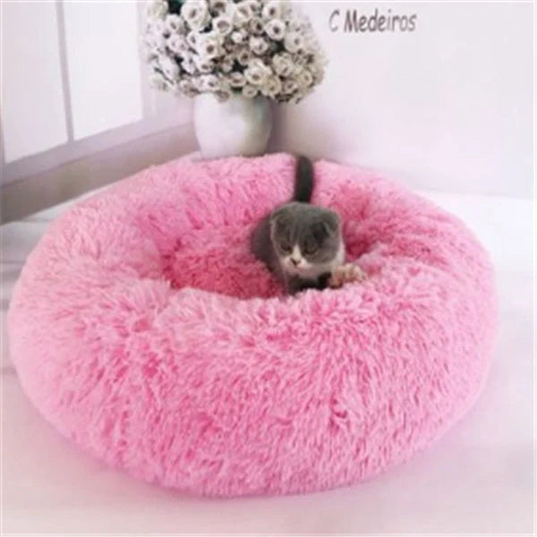 Cosy round plush cat mattress for winter warmth, available in various colours and sizes