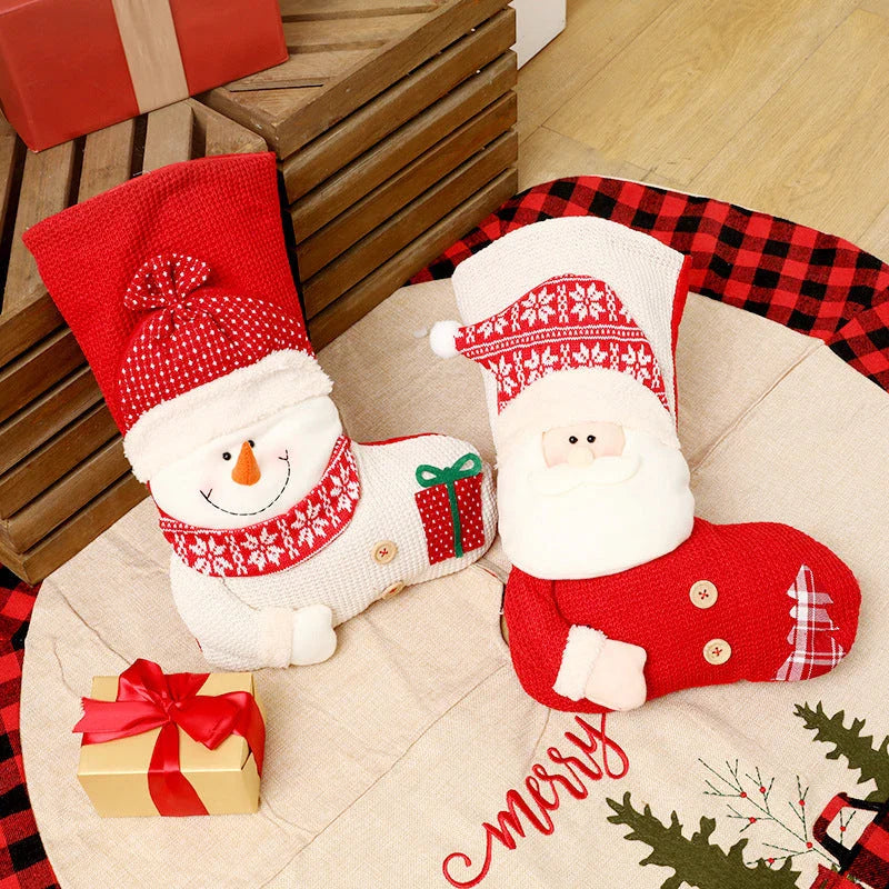Cozy knit Christmas stocking with classic Santa Claus or whimsical snowman design for festive fireplace and tree decor