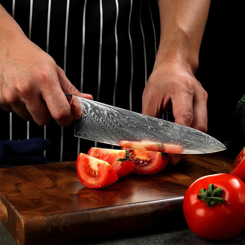 Exquisite Japanese Damascus Steel Chef's Knife with Stunning Brocade Pattern and Ergonomic Resin Wood Handle