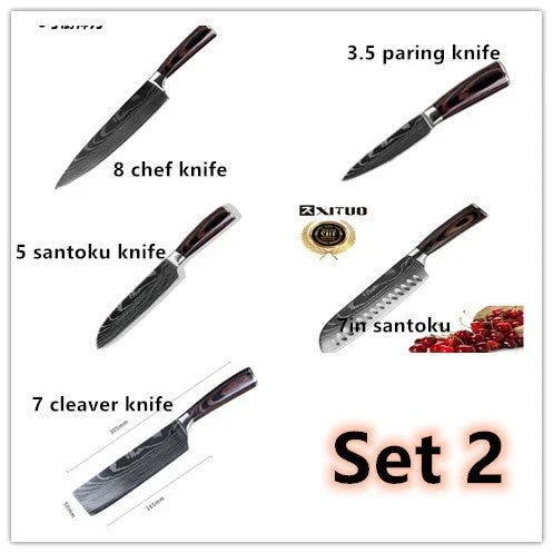 Premium 8-Piece Damascus Steel Kitchen Knife Set with Razor-Sharp Blades and Ergonomic Wooden Handles
