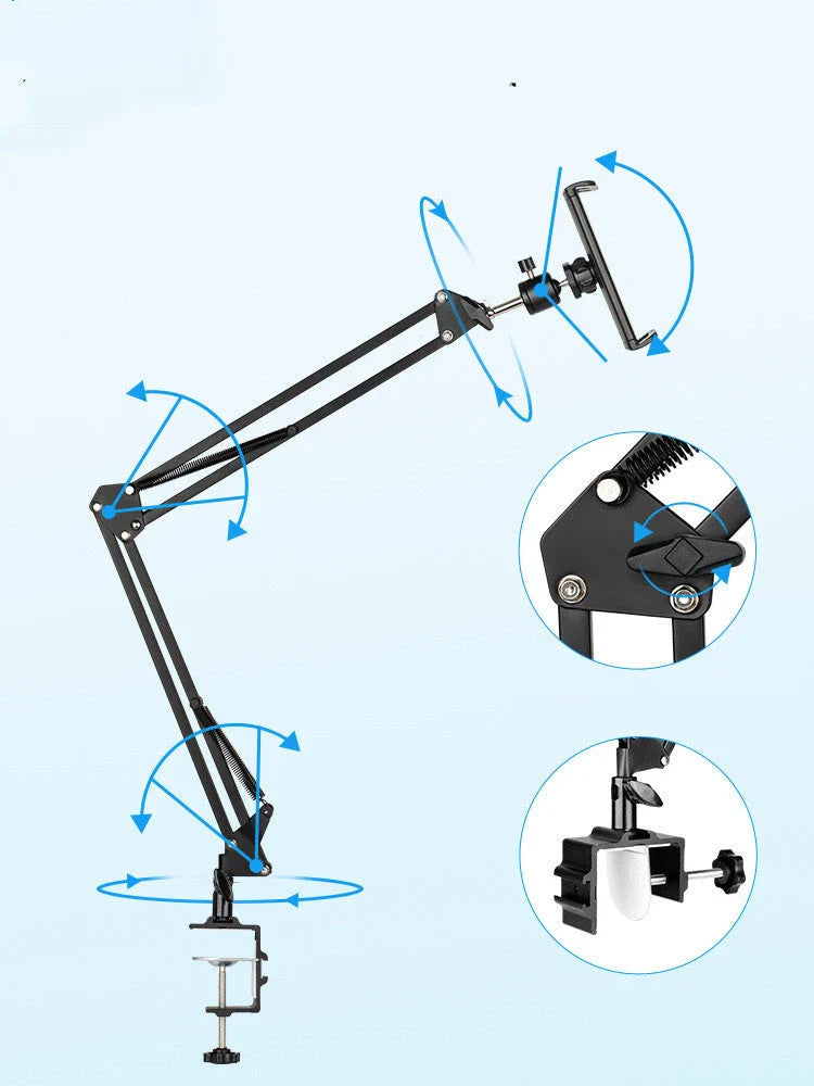 Versatile desktop phone and tablet holder with adjustable arm and 360-degree rotation for easy device positioning