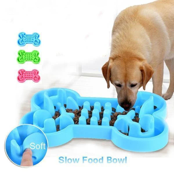 Slow feed pet bowl made of durable silicone, available in blue, rose red, and green colours, featuring anti-choke and anti-tip design for healthy digestion