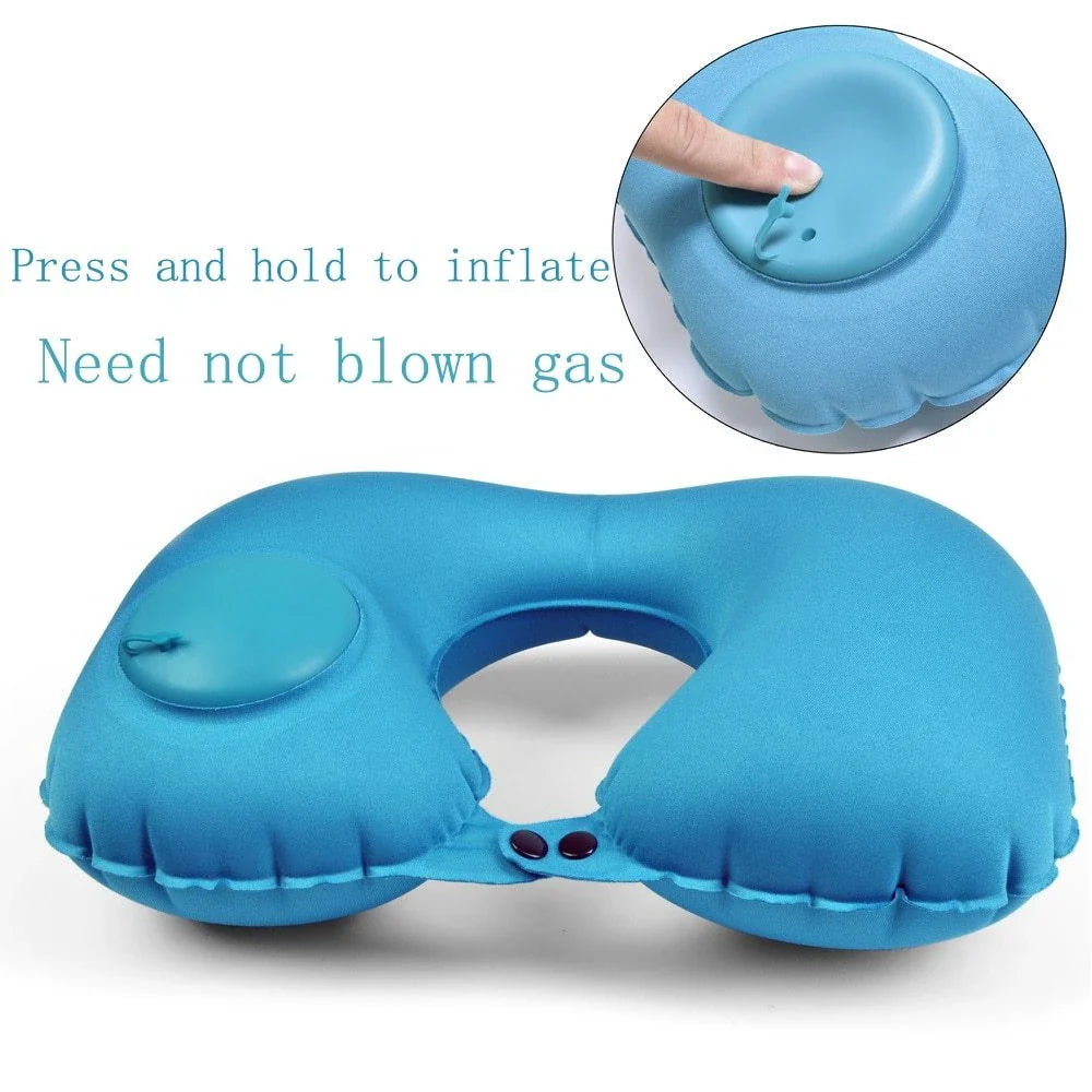 Inflatable travel pillow with U-shaped design for neck and head support, available in multiple colors
