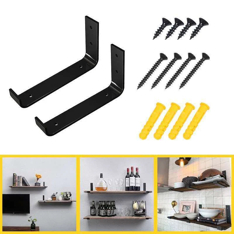 Sturdy black iron wall shelves in three sizes for displaying books, decor, and more in a rustic home setting
