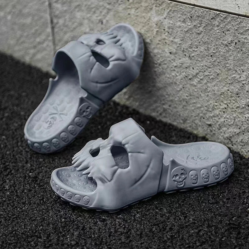 Spooky skull-designed slippers in various colors and sizes for indoor, outdoor, and beach wear