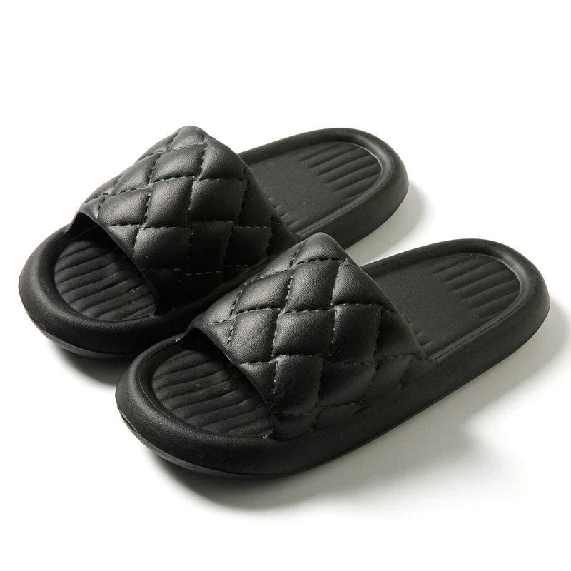 Comfortable and lightweight home slippers with a unique rhombus pattern, waterproof and odor-resistant EVA material, and a non-slip sole for safe indoor wear.