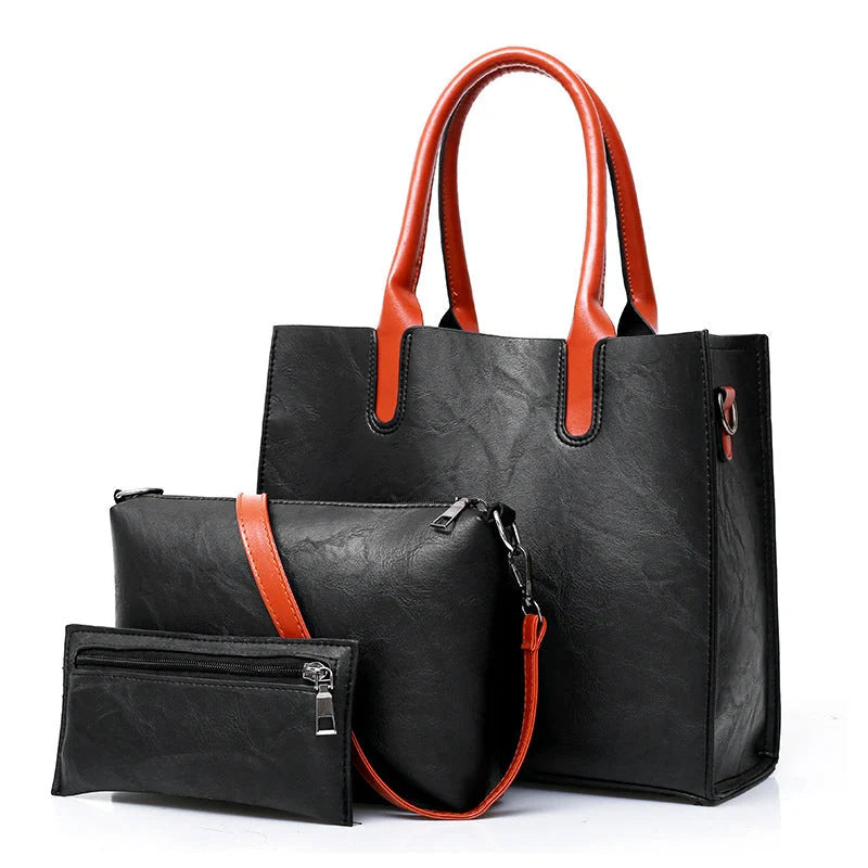 Retro three-piece women's bag set in PU leather, available in red, black, and brown
