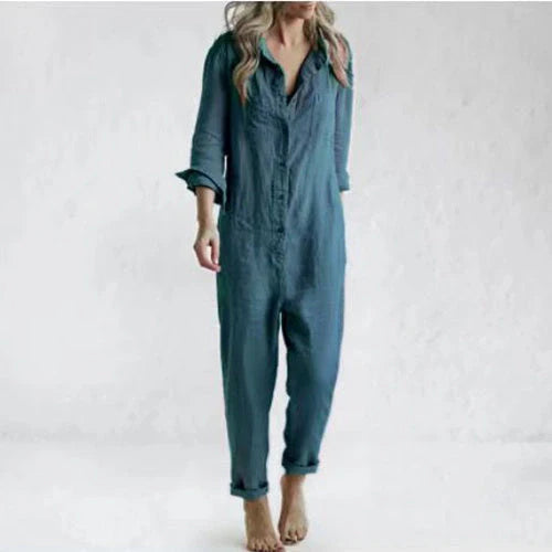 Women's loose fit long sleeve jumpsuit with pockets in various colors