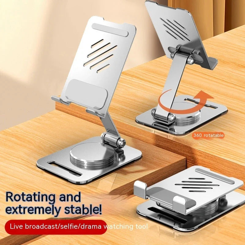 Adjustable 360-degree rotating metal desk phone and tablet stand in black, white, and silver colours