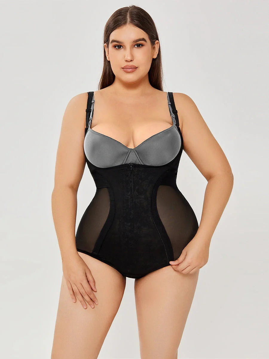 Women's slimming shapewear bodysuit in black and apricot for tummy control and a smooth silhouette.