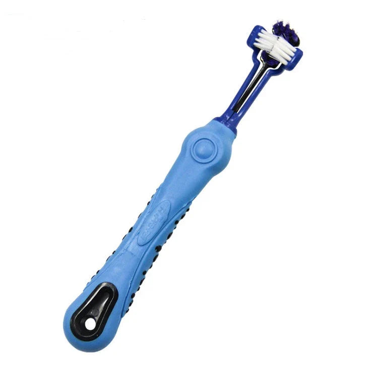 Premium Triple-Headed Pet Toothbrush in various colours, designed to effectively clean pets' teeth and eliminate bad breath and tartar build-up.