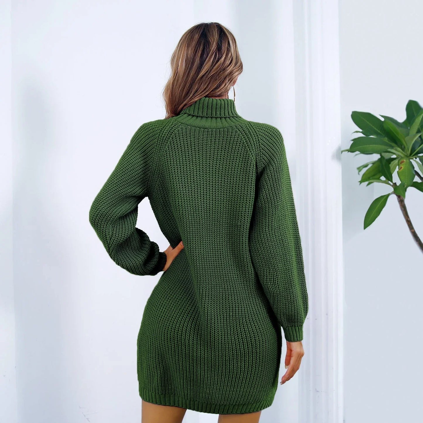 Cozy turtleneck dress with button accents in white, pink, and army green colors