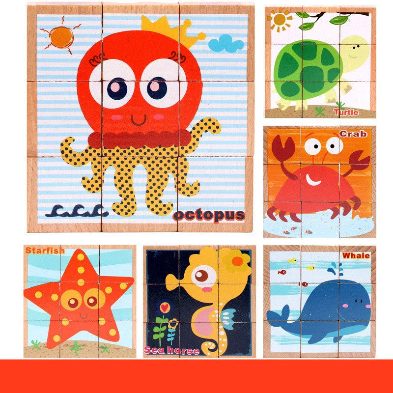 Colourful wooden 3D jigsaw puzzle with various patterns including fruit, insects, traffic, and animals