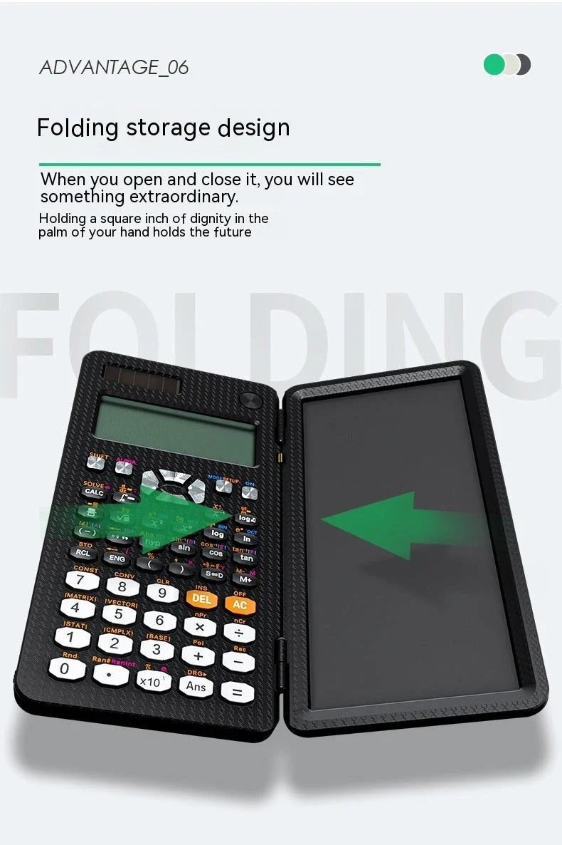 Versatile 2-in-1 scientific calculator and digital notepad with foldable design, LCD display, and intuitive button layout