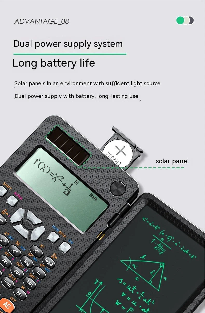 Versatile 2-in-1 scientific calculator and digital notepad with foldable design, LCD display, and intuitive button layout