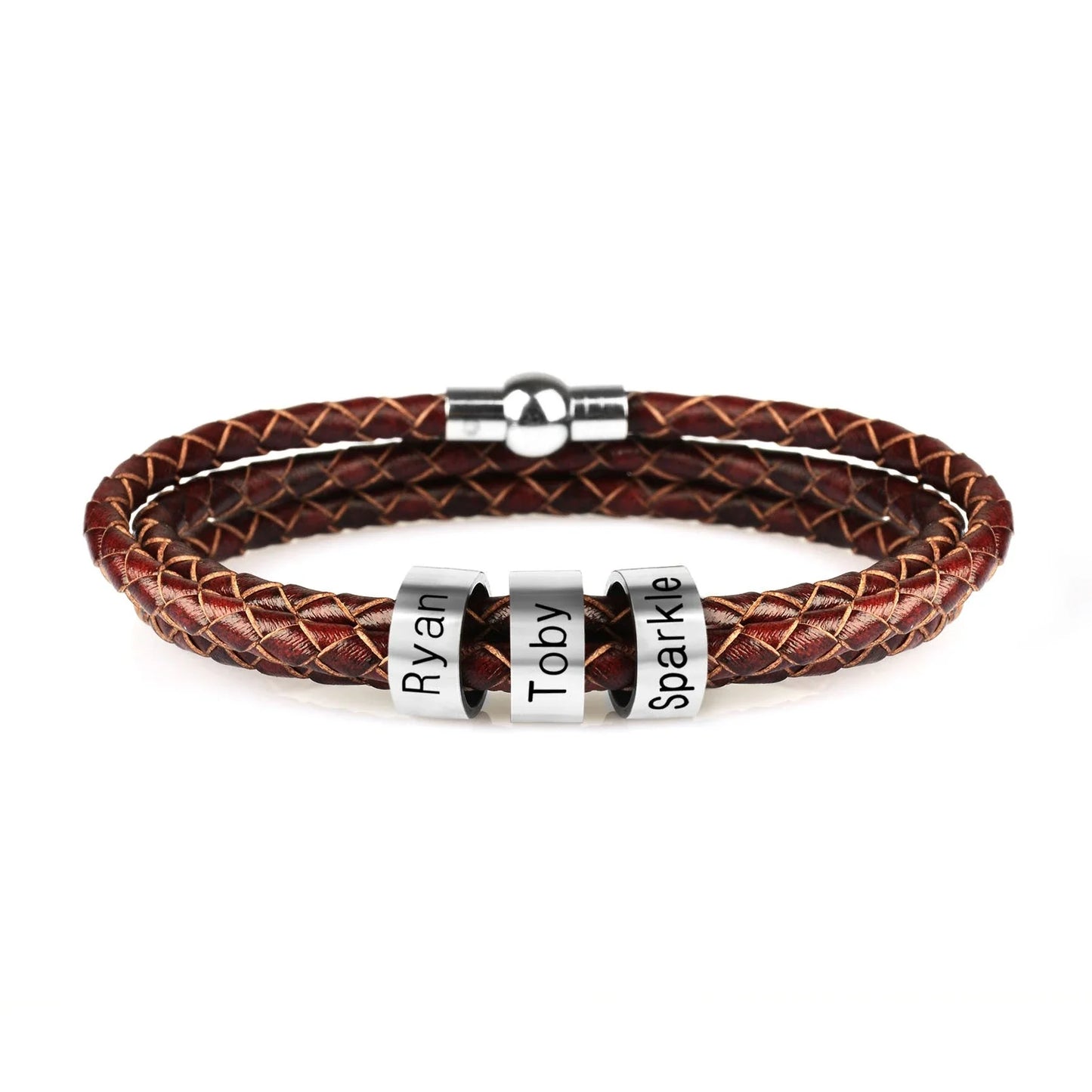 Personalized Leather Bracelet with Engraved Name Charm in Black and Brown Colors