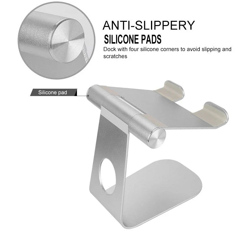 Adjustable tablet stand made of aluminium alloy with secure gripping hooks and soft protective cushions