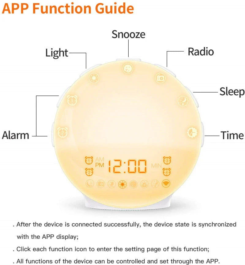 Natural wake-up light alarm clock with soothing nature sounds and customisable ambient lighting