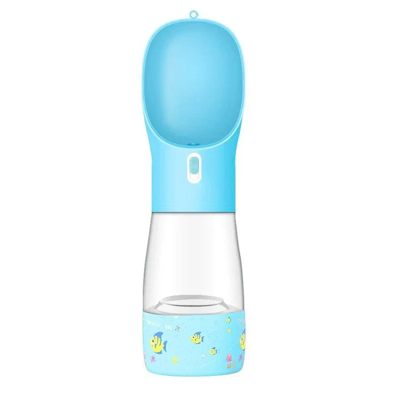Portable pet water bottle and food bowl made of durable plastic, available in multiple colors for outdoor adventures with your furry friend.