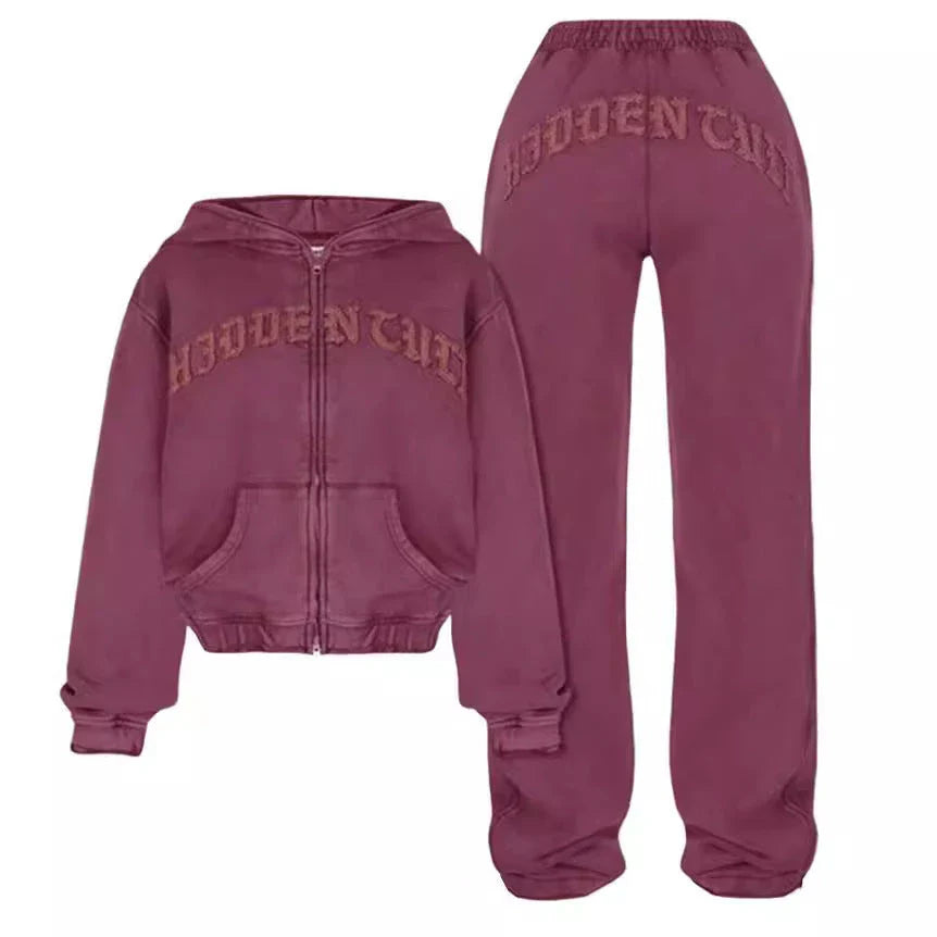 Retro Zip-Up Sports Suit with Cropped Sweatshirt and Drawstring Pants in Black, Green, Wine Red, and Pink