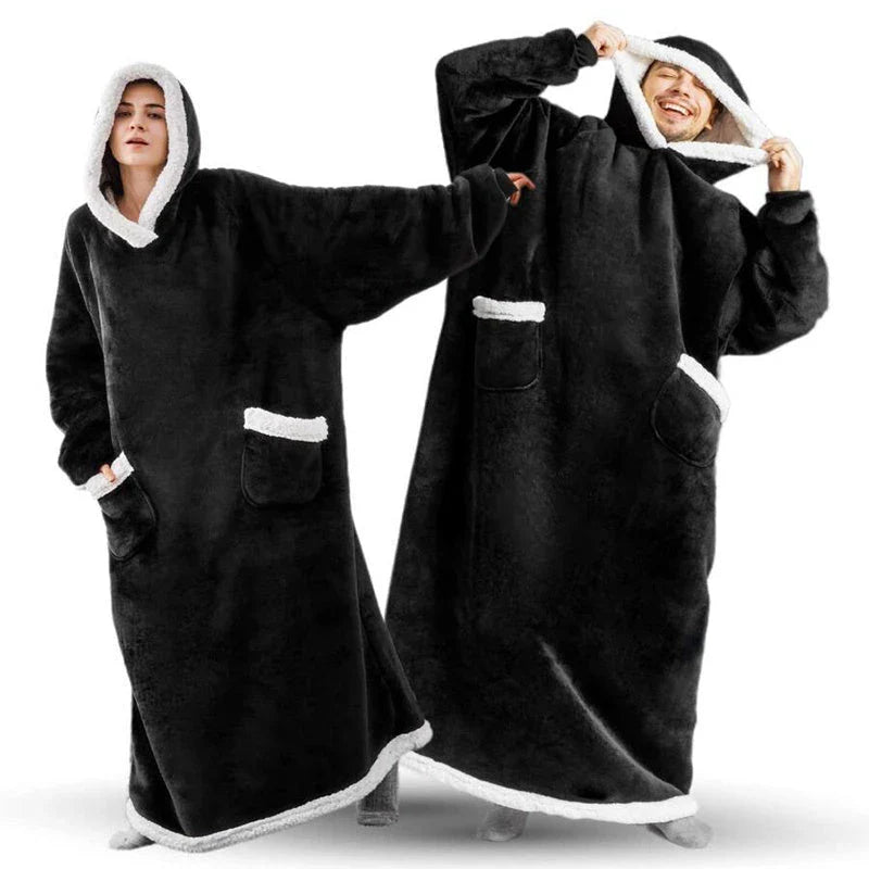 Comfy oversized TV hoodie blanket in various stylish colors, perfect for cozy movie nights and relaxation at home.