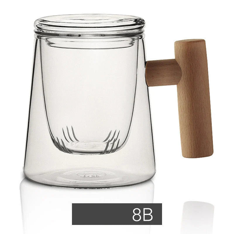 Premium borosilicate tea infuser cup with natural walnut handle, available in various sophisticated colour options