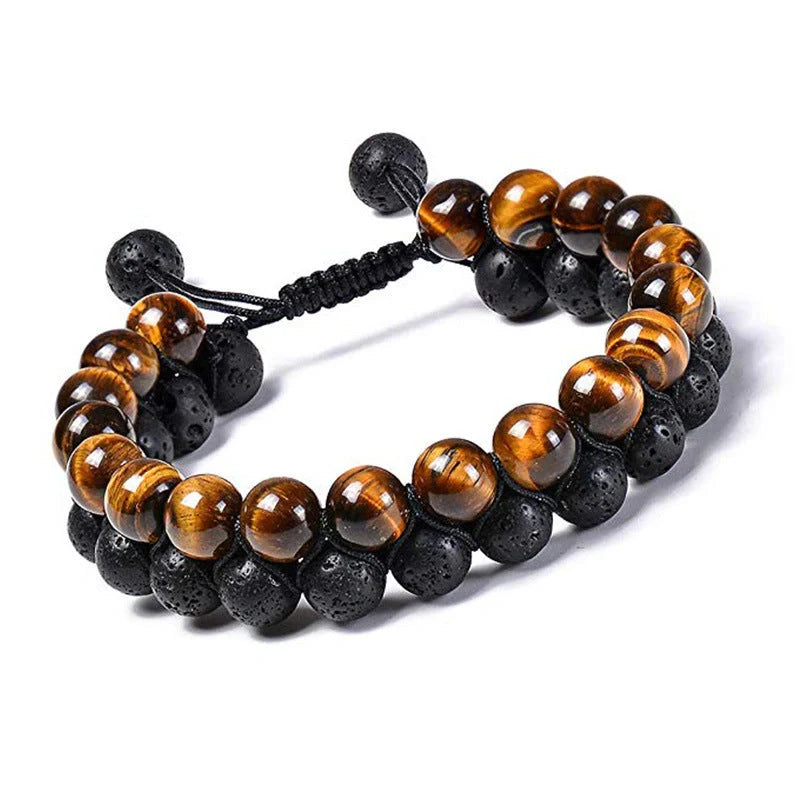 Matte black agate beads and tiger eye couple bracelets with geometric design