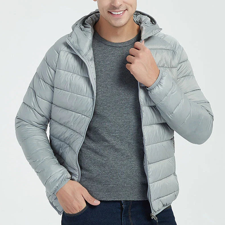 Men's insulated hooded jacket in various colors and styles with adjustable hood and zippered pockets