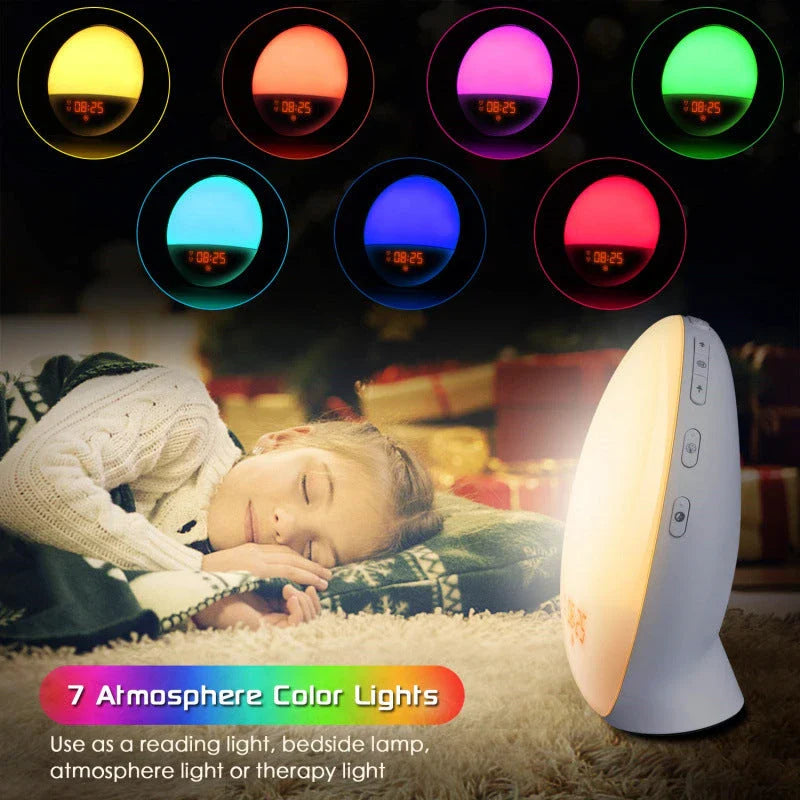 Natural wake-up light alarm clock with soothing nature sounds and customisable ambient lighting