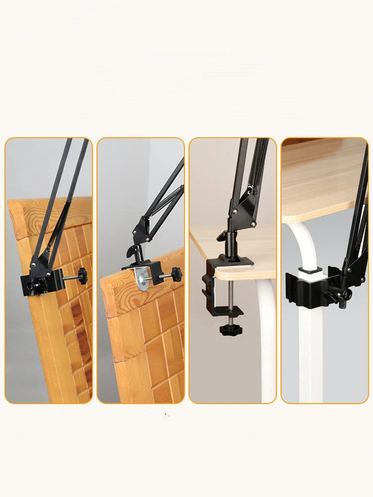 Versatile desktop phone and tablet holder with adjustable arm and 360-degree rotation for easy device positioning