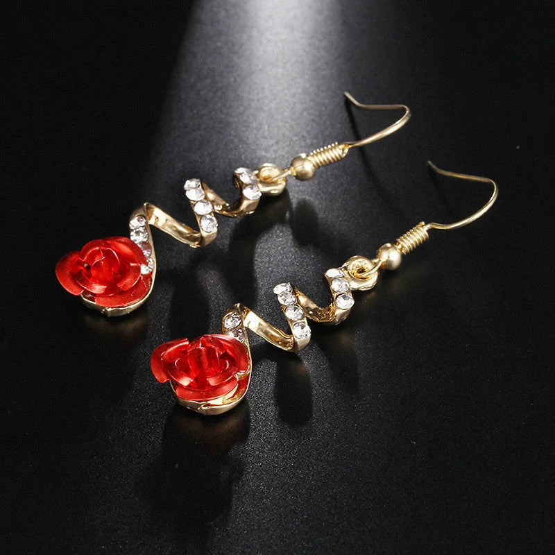 Ethnic Red Rose Drop Earrings with rhinestones for women, golden color, elegant design