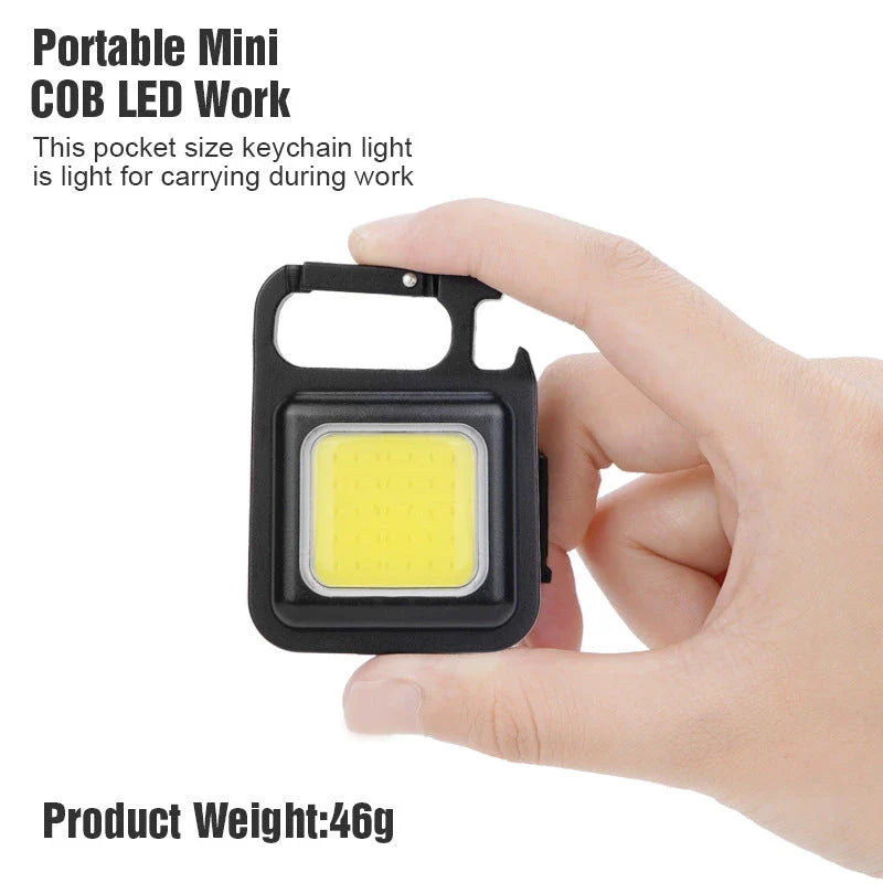 Powerful USB-rechargeable keychain flashlight with three lighting modes, magnetic base, and foldable handle for outdoor and emergency use