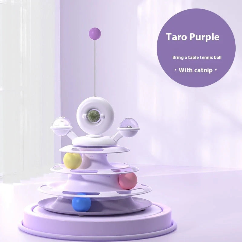 Interactive 4-level cat toy tower with turntable and roller balls in vibrant colours