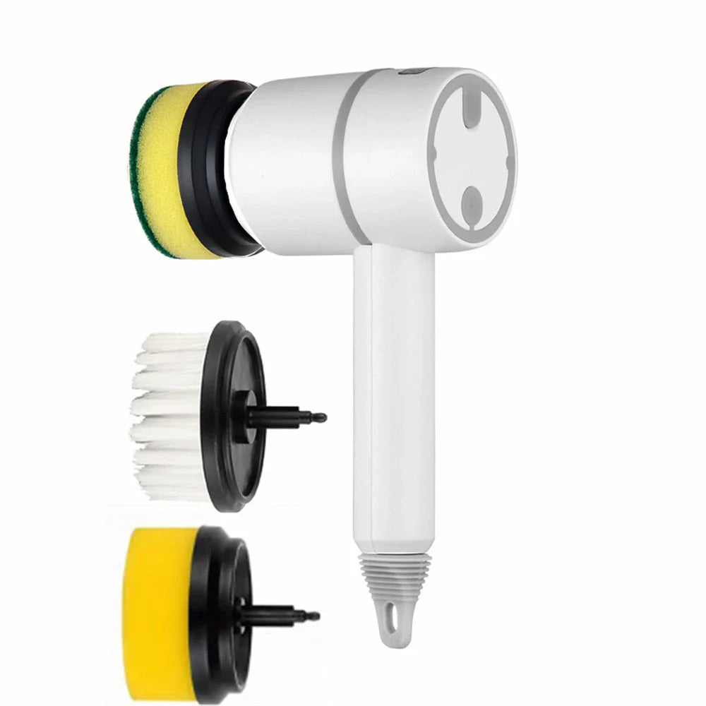 Powerful automatic cordless cleaning brush with interchangeable brush heads for cleaning kitchen, bathroom, and other surfaces