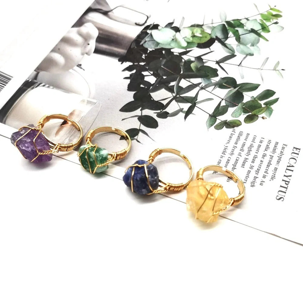 Handcrafted agate stone ring featuring an array of natural gemstones in various colours, with an adjustable design for a customized fit.