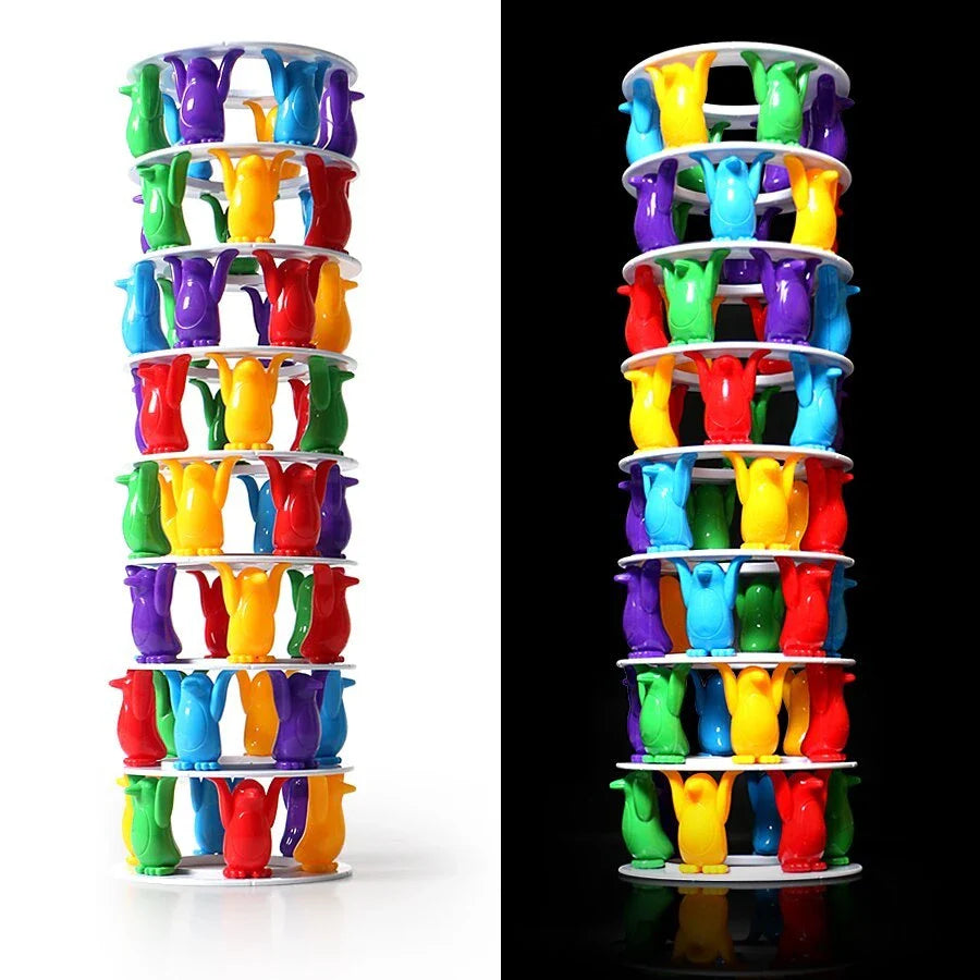Stackable penguin-themed balance game with colourful plastic pieces for building challenging towers