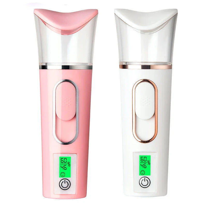 Portable facial mister with 38ml water tank, transforms water into fine mist for hydrating skin on the go