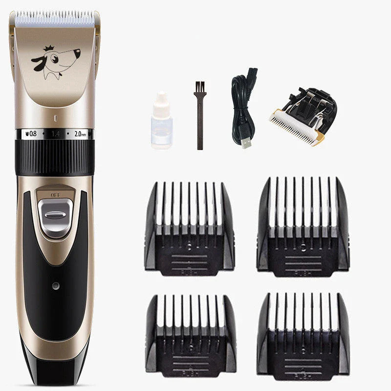 A precision dog hair trimmer with a quiet motor, featuring five speed settings, a titanium alloy fixed knife, and a long-lasting rechargeable battery for a stress-free grooming experience.