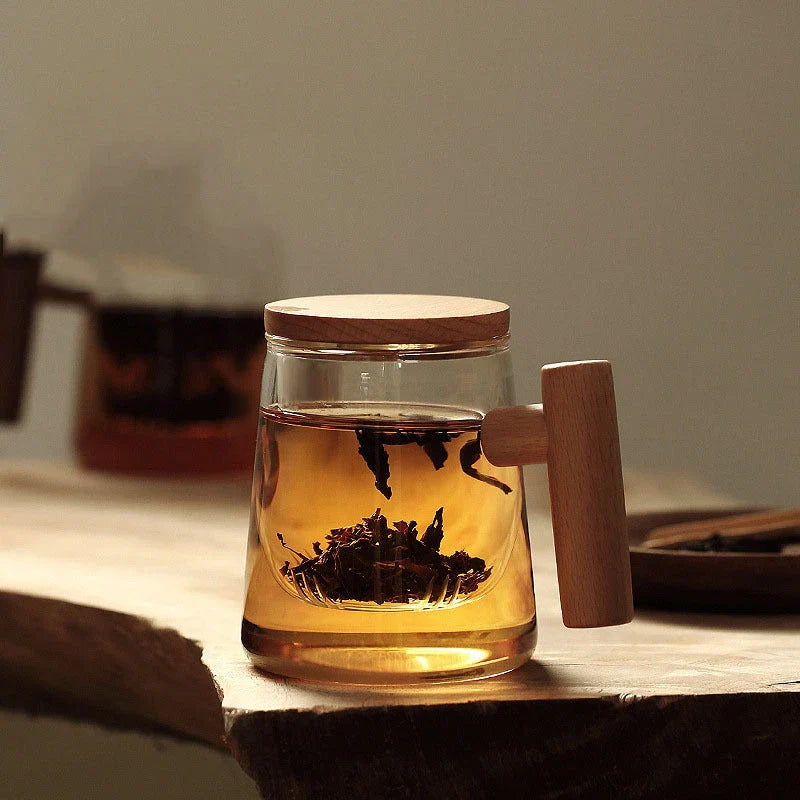 Premium borosilicate tea infuser cup with natural walnut handle, available in various sophisticated colour options