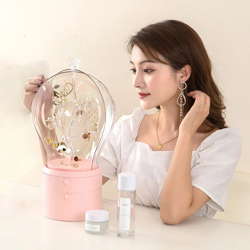 Stylish rotating jewellery storage box with LED lights, made of durable ABS plastic and featuring a soft, scratch-resistant lining