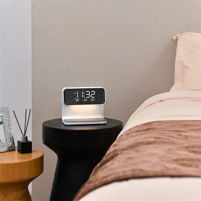 3-in-1 Wireless Charging Bedside Lamp with Adjustable LED Lighting, Alarm Clock, and Wireless Charging Pad