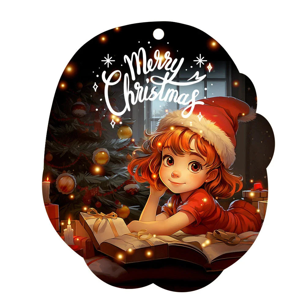 Festive car ornament hanging from rearview mirror with Christmas designs