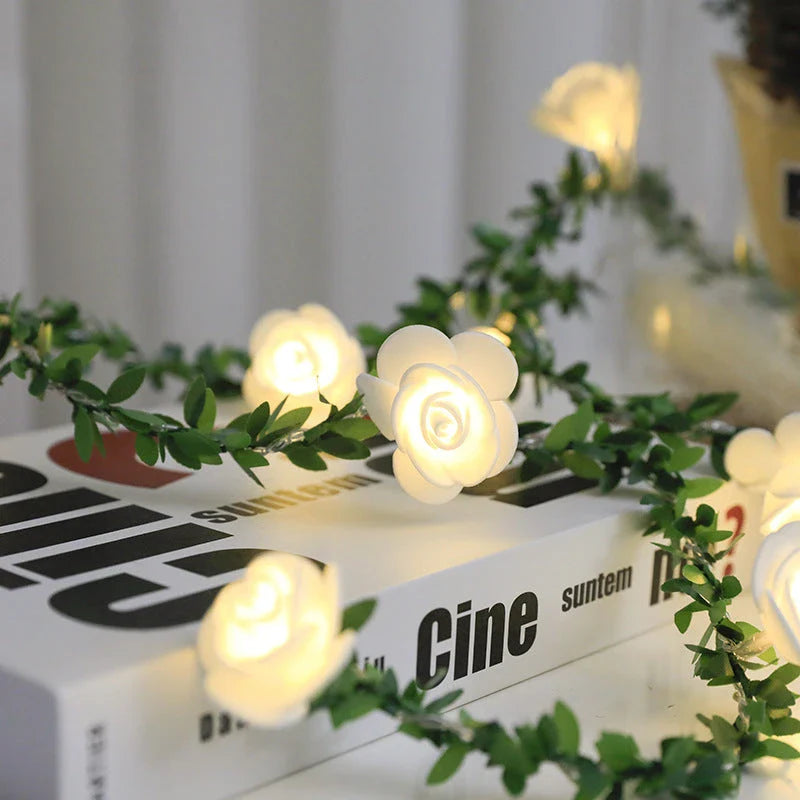 Elegant rose vine fairy lights with warm white LED bulbs for cozy, romantic home decor